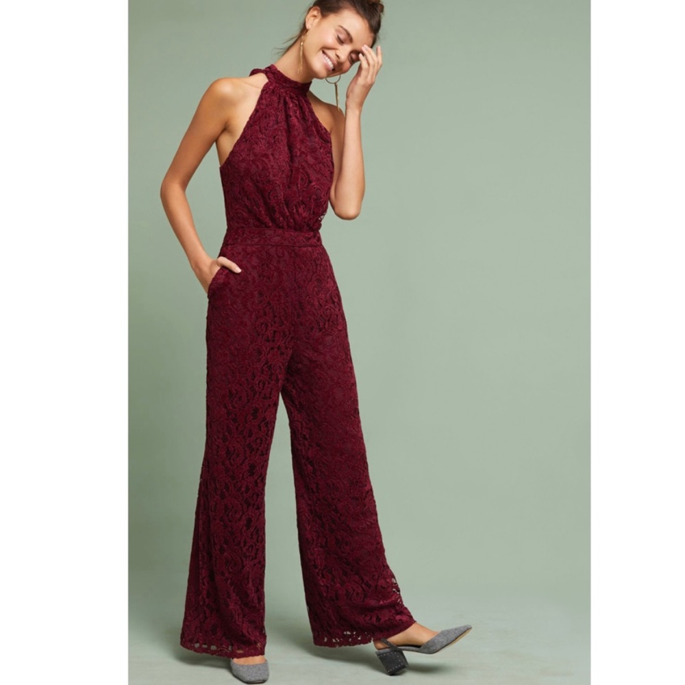 Anthropologie Burgundy Lace Jumpsuit